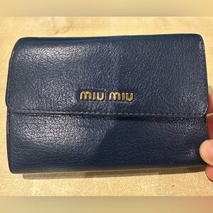 Miu Miu Dark Blue Leather Trifold Wallet with Gold Accents